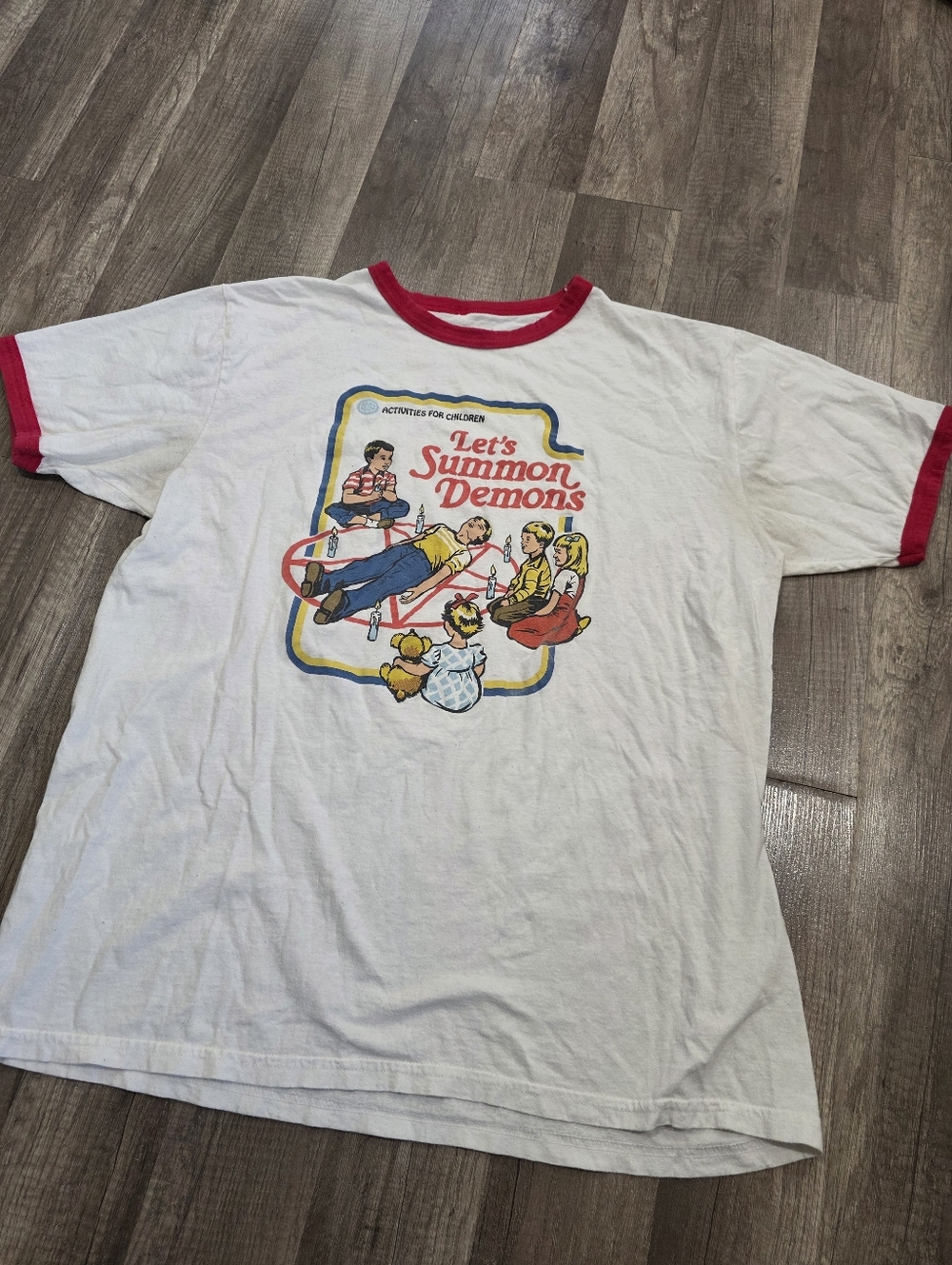 Vintage HOT TOPIC White Ringer Tee Goth Red Witchy 'Let's Summon Demons' Graphic